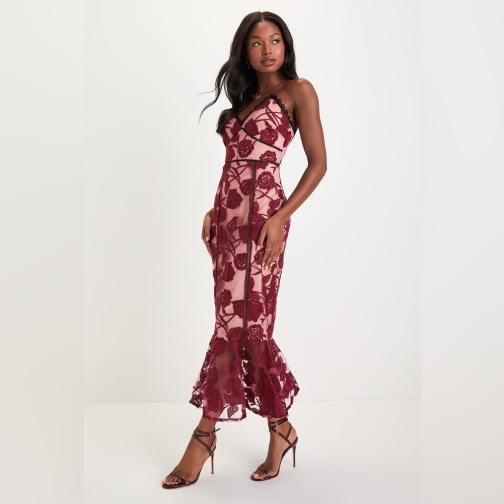 Lulu’s Alluring Dream Burgundy Floral Mesh Lace Trumpet Midi Dress